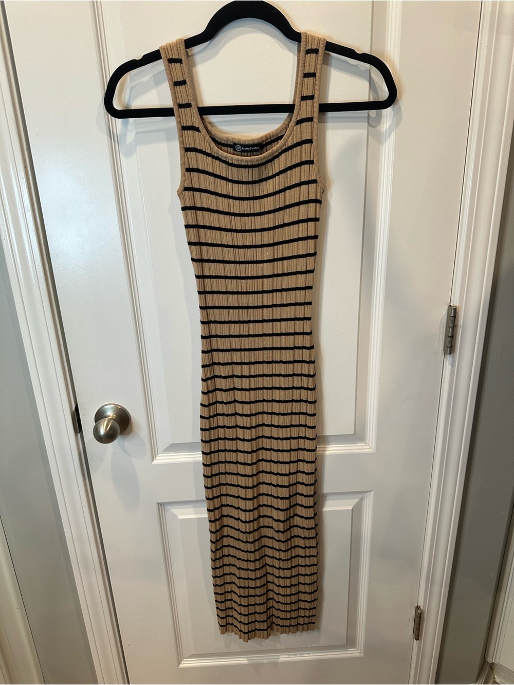 Ribbed Tank Midi Dress in Beige and Black Stripes